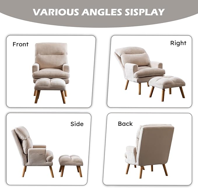 Accent Chair with Ottoman Comfy Reading Chair Armchair with Adjustable Backrest and Side Pockets Soft Fabric Leisure Sofa for Bedroom Living Room Dorm Rooms Garden Beige