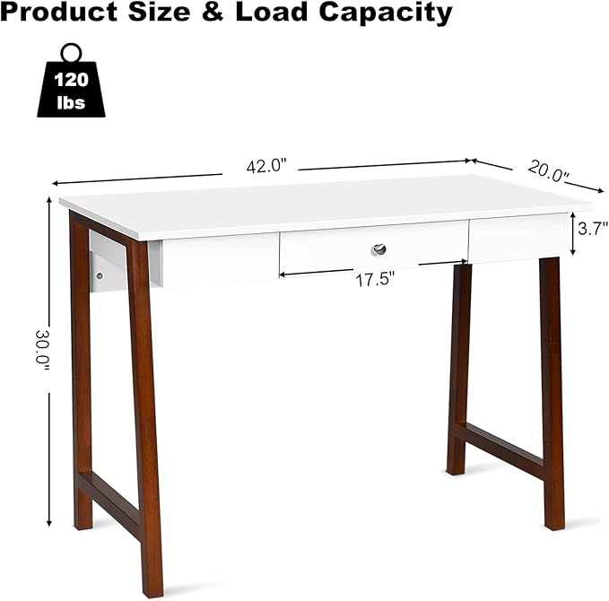 COSTWAY 42 Computer Desk with Storage Drawer Modern Home Office Writing Study Table with Solid Rubber Wood Legs &amp Non-Slip Foot Pads Multifunctional Makeup Vanity Dressing Table (Coffee and Whi