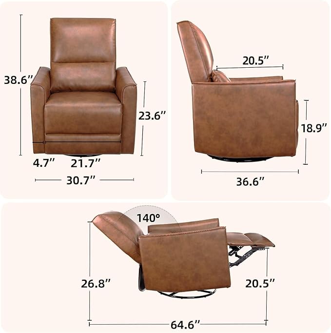 GAOMON Swivel Rocking Recliner Chair Manual Leather Recliner Glider with Lumbar Support &amp Padded Armrest Comfortable Rocker Nursery Single Sofa for Living Room and Bedroom (Brown)