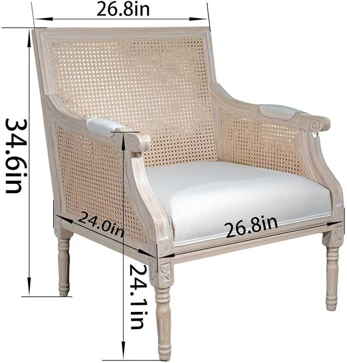 French Accent Chair(Singel) Upholstered Armchair with Vintage Rattan Hollow-Out Back and Solid Rubberwood FrameReading Chair for Living Room Bedroom Farmhouse Balcony Home Office Beige