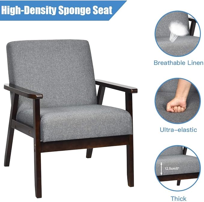 SIMOE Retro Fabric Accent Chair Mid-Century Modern Design Solid Hardwood Made Upholstered Linen Lounge Arm Chair for Living Room 1 Dark Grey