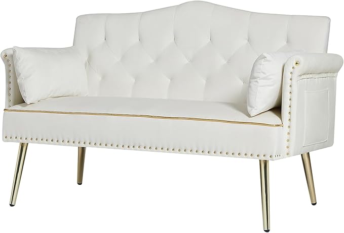 KEIKI 55 Velvet Loveseats Sleeper Sofa with 2 Arm Pocket and 4 Solid Metal Legs Modern Style 2-Seater Couch with Tufted Back and Seat Easy Assembly for Apartment Living Room and Bedroom White