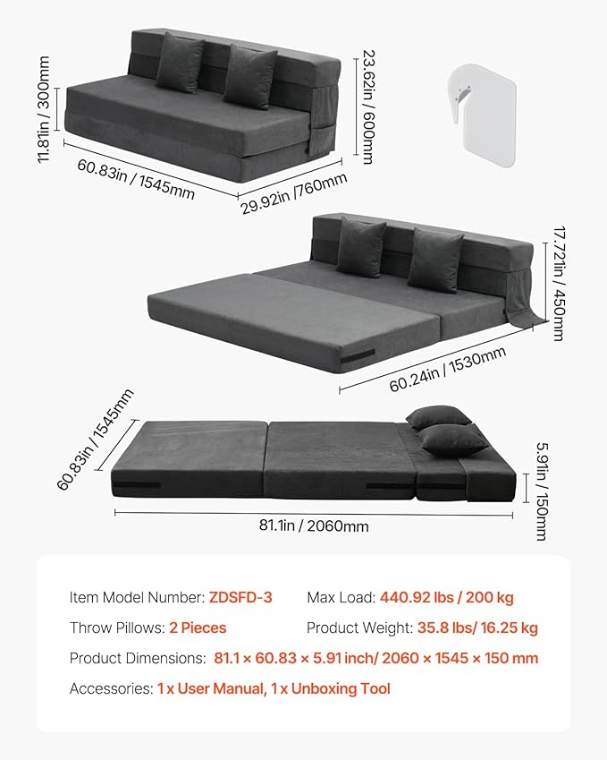 VEVOR Folding Sofa Bed 3-in-1 Foldable Couch Bed with 2 Pillows and Washable Cover 25D High Density Memory Foam Convertible Sleeper Chair Bed Futon Couch for Living Room Bedroom Dark Grey(Queen)