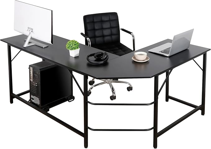 LEMY 66 Inch x 47 Inch Large L-Shape Corner Table Computer Workstation Bevel Edge Angle Design PC Laptop Table w/CPU Stand for Home Office - Black