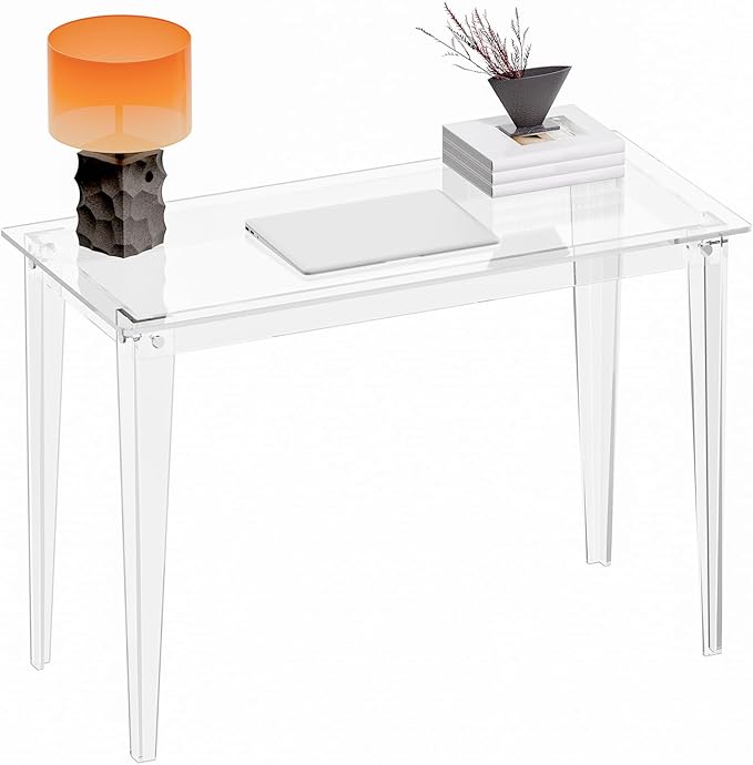 HMYHUM Acrylic Computer Desk 43.3 Inch Clear Study Desk for Home Office Writing Vanity Modern Easy Assembly 19.7 W x 29.5 H Right-Angle Legs Design