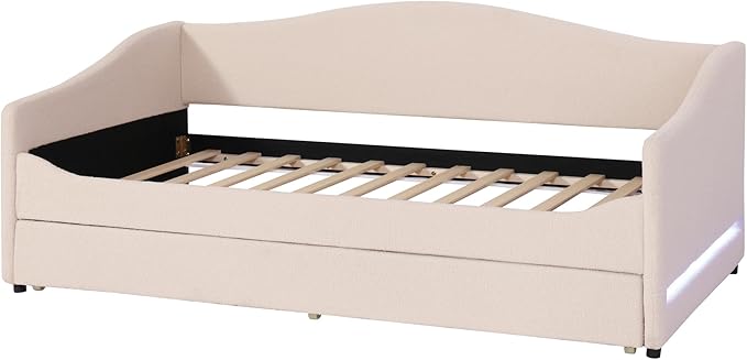 MERITLINE Twin Size Upholstered Daybed with Trundle and LED Light Teddy Fleece Sofa Bed Frame Wood Twin Trundle Bed for Bedroom Living Room Beige