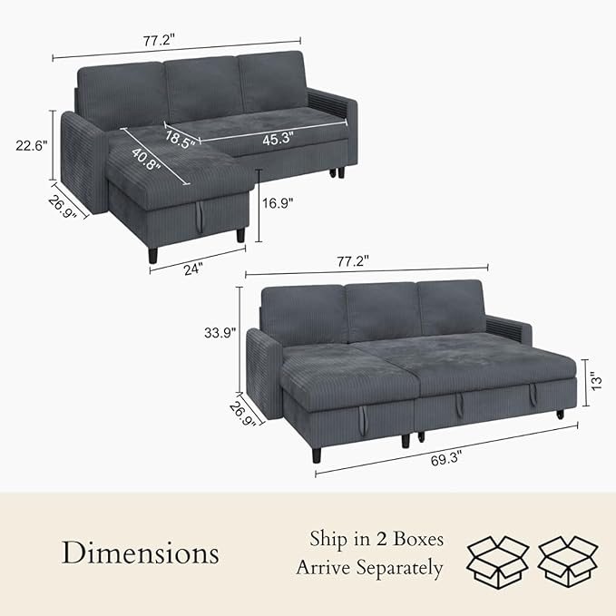 JAMFLY Pull Out Sleeper Sofa Bed with Storage Chaise L-Shaped Corduroy Sectional Couch 3-Seater Convertible Sofa with Hidden Storage for Small Living Room Apartment Office Grey