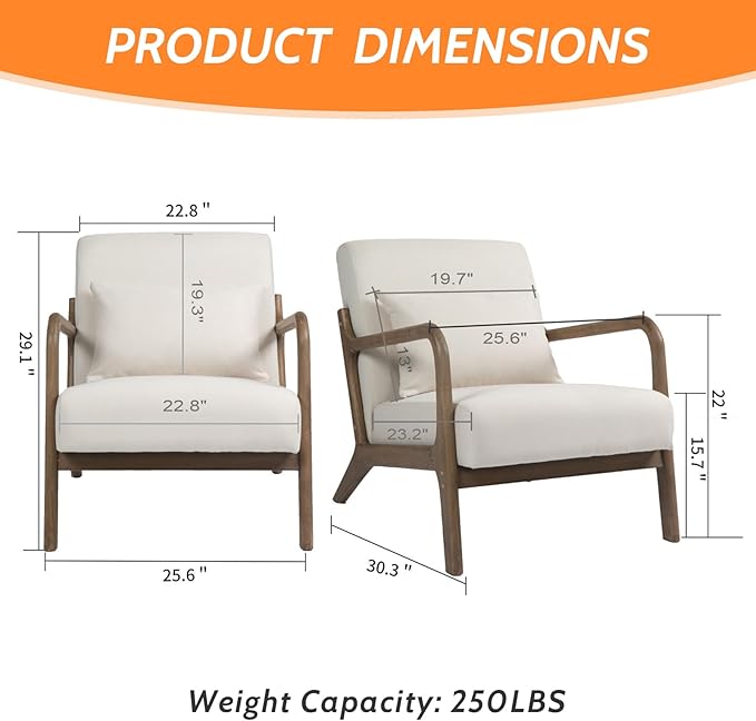 Modern Accent Chair Cotton Linen Fabric Upholstered Lounge Armchair with Solid Wood Frame for Living Room Bedroom Reading Nook (White1)