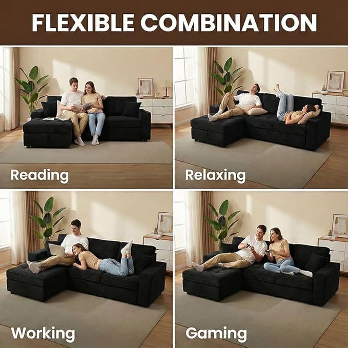 NAYA 106” Modular Sectional Sofa Cloud Sectional Couch with Deep Seat Modern Modular L-Shape Sofa Boneless Couch with Chaise for Living Room Bedroom (Black Left Facing Chaise)