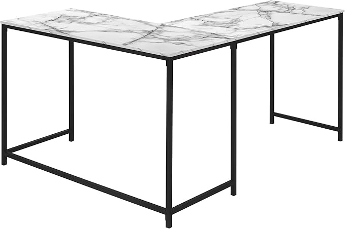 Computer Desk Home Office Corner 58 l L Shape Work Laptop White Marble Look Laminate Black Metal Contemporary Modern