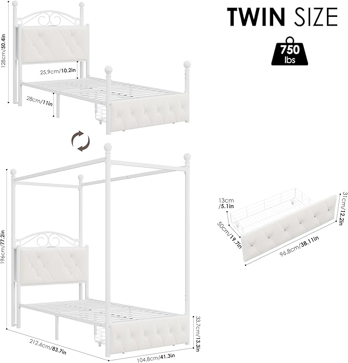Keyluv Twin Upholstered Canopy Bed Frame with Drawer &amp Crystal Tufted Storage Headboard Metal Platform Bed with Charging Station &amp 4 Removable Posts No Box Spring Needed Curtain Not Included