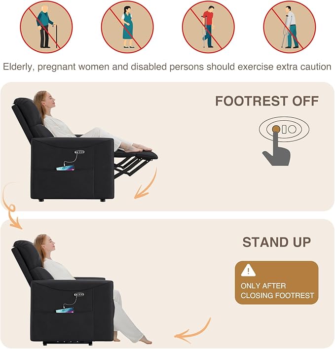 Power Recliner Chair Reclining Chair PU Leather Small Recliners for Small Spaces Infinite Position Electric Recliner Chairs for Adults Electric Recliners with USB Port &amp Side Pocket Black
