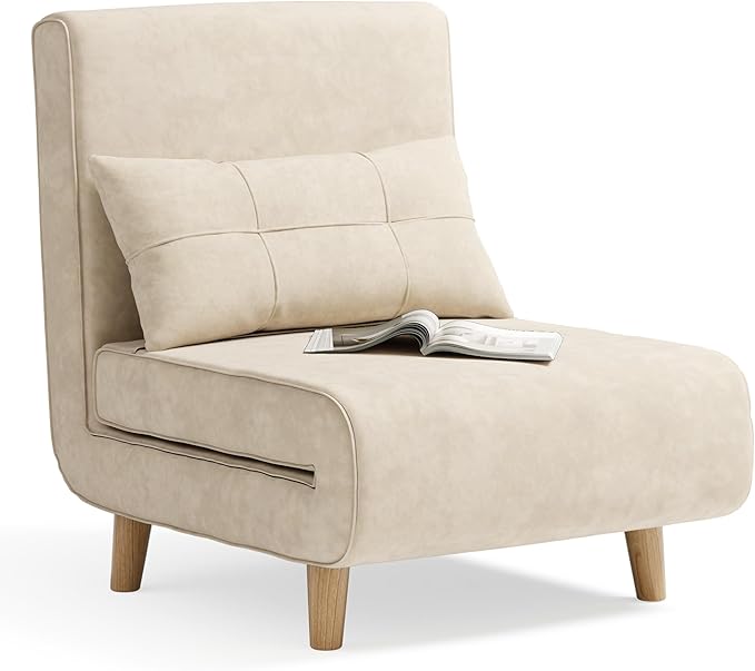 Aiho Futon Sofa Bed 3-in-1 Convertible Sleeper Chair Bed Futon Chair with 6-Level Adjustable Backrest and Pillow for Guest Room Apartment Dorm Velvet Beige