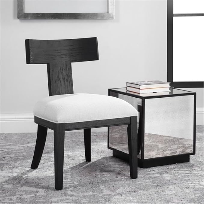 BOWERY HILL Modern Accent Chair 18 in Seat Height Birch Wood Frame Charcoal Black Finish White Performance Fabric Cushion Klismos Style Armless Design for Living Room or Bedroom Use