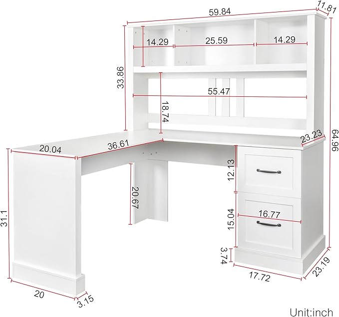 Home Office Computer Desk with Hutch &amp Storage - 2-Tier Shelves 2 Drawers for Study/Bedroom/Office (White/M)