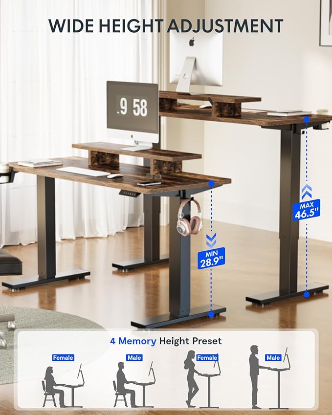 FLEXISPOT Standing Desk with Monitor Stand 48 x 24 Inches One-Piece Electric Height Adjustable Computer Desk with Cup Holder for Home Office Rustic