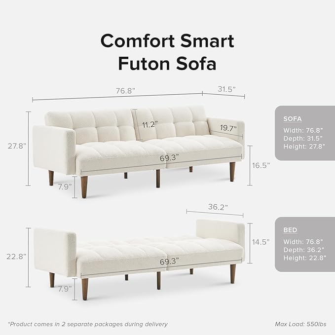 mopio 76.4 Futon Sofa Bed Couch Loveseat Sleeper Sofa Mid Century Modern Futon Couch Sofa Cama Couches for Living Room (Aaron Pearl White Boucle)