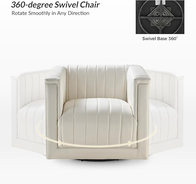 HULALA Home Faux Leather Swivel Accent Chair Set of 2 Boxy Silhouette Chair with Striped Arm Leather Barrel Chair with Herringbone Pattern(Ivory)