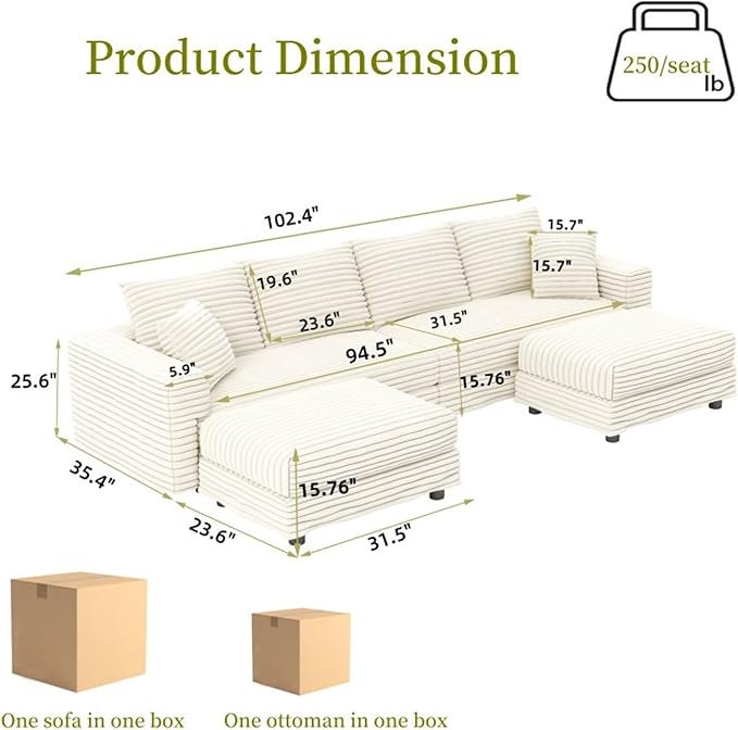 102.4'' Cloud Couch with 2 Ottomans 4 Deep Seat Convertible Modular Sectional Sofa Plush Corduroy &amp Memory Foam Couches with 6 Soft Pillows for Living Room Apartment