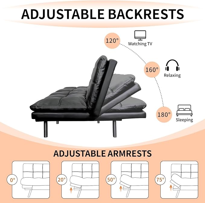 MUUEGM Futon Sofa Bed Convertible Futon Couch Bed Memory Foam Sofa SleeperAdjustable Armrest&ampBackrest Full Size Lounge Couch for Office Apartment Living RoomMatte Black