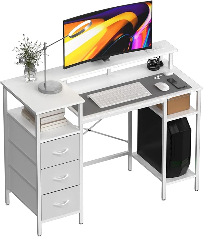 VINGLI 47 Inch L-Shaped Computer Desk Small Computer Gaming Desk with Fabric Drawers &amp Storage Shelves Charging Station Monitor Stand for Home Office White