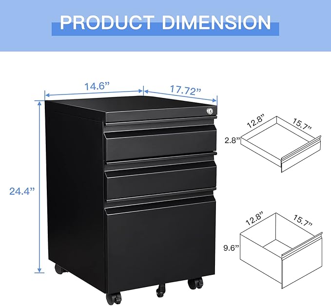 Yizosh 3 Drawer Mobile File Cabinet with Lock Black Under Desk Rolling Filing Cabinet Metal Locking File Cabinet on Wheels for Legal/Letter/A4 File (Required Assemble)