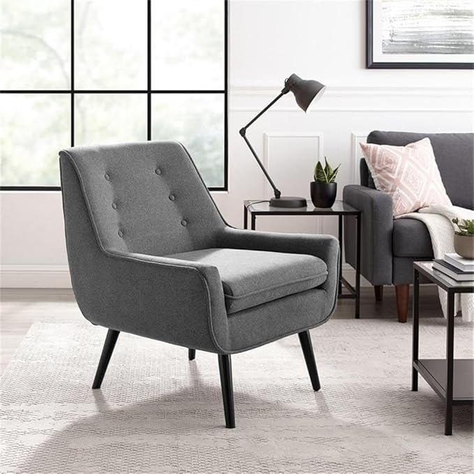 Allora Polyester Upholstered Button-Tufted Accent Chair Gray Fabric Modern Design with Black Finished Legs Pinewood Frame Plush Cushioned Seat 27.5W x 30.75D x 32.25H for Living Room or Office