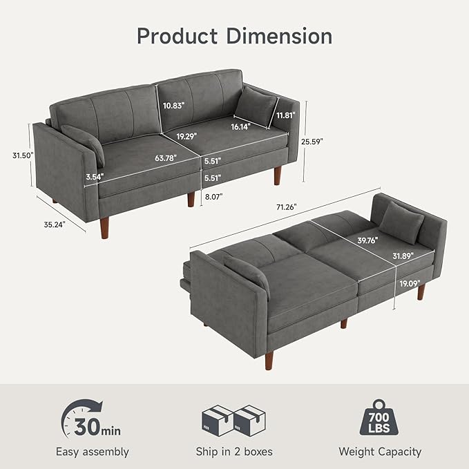 ONBRILL 71 Futon Sofa BedConvertible Sleeper Couch with Adjustable Backrest Folding Loveseat for Apartment Living Room Office Faux LeatherGrey