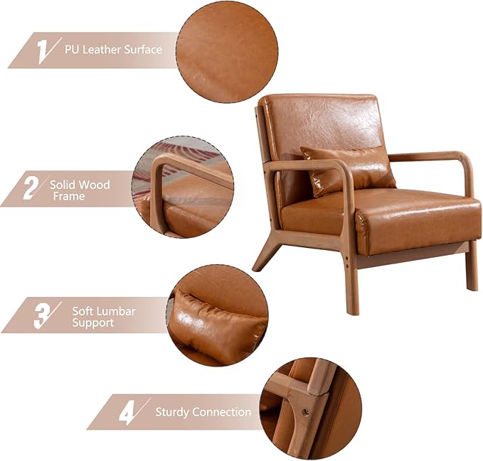 INZOY Mid-Century Modern Accent Chair Set of 2 PU Leather Reading Armchair with Waist Cushion Upholstered Living Room Chairs for Bedroom Sunroom Camel Set