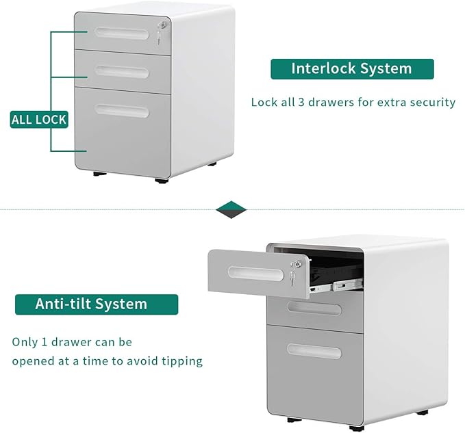 YITAHOME 3-Drawer Rolling File Cabinet Metal Mobile File Cabinet with Lock Filing Cabinet Under Desk fits Legal/A4 Size for Home/Office Fully Assembled-Gray and White