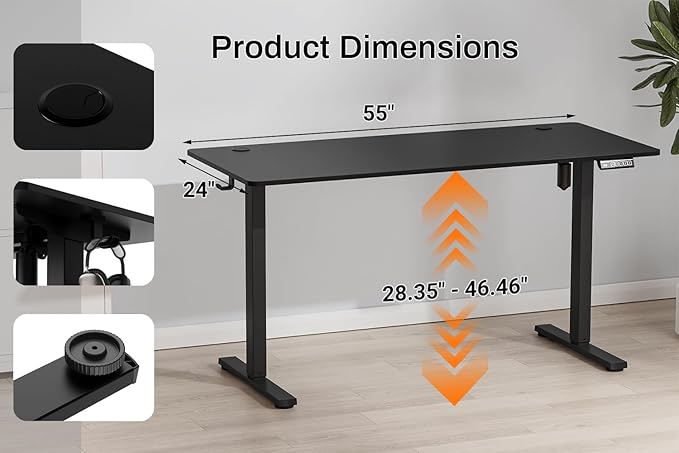 Standing Desk Electric Height Adjustable Desk 55 x 23.6 Inches Sit Stand up Desk Computer Home Office Desk Memory Preset with Two-Piece Desktop (Black 55 * 24 Inch)