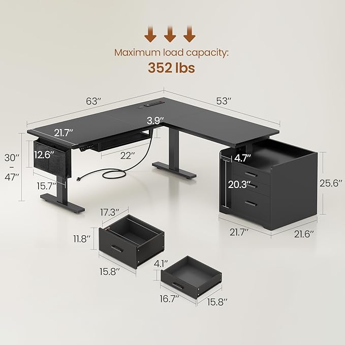 SEDETA L Shaped Electric Standing Desk with File Cabinet 63 x 53'' Height Adjustable Home Office Computer Desk with Drawers Power Outlet Stand up Gaming Table with Led Lights Keyboard Tray Black