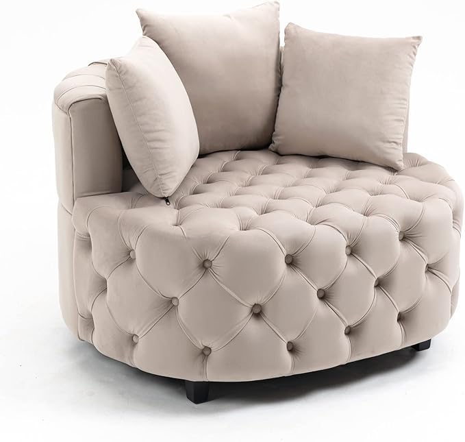 Setawix 40.6 W Round Barrel ChairModern Velvet Upholstered Accent Arm Chairs for Living RoomButton Tufted Club Chair OversizedLuxury Single Lounge Sofa Chair for BedroomOfficeHotel (Light Khaki)