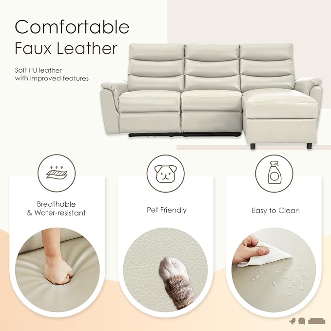 Esright Leather Power Reclining Sofa Set Reclining Sectional Couches with Storage Chaise Adjustable Backrest &amp Footrest L Shaped Pull Out Couch for Living Room Home Theater Apartment RV (Beige)