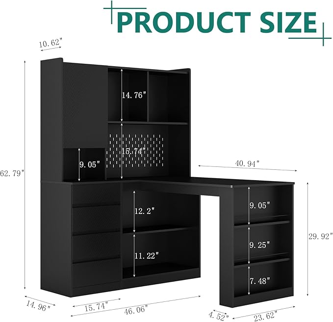 Anwick L Shaped Desk with Hutch Corner Computer Desk with Charging Station &amp Bookshelf &amp File Drawer Standing L Shape Desks for Home Office Bedroom Gaming Room Study Room (Black)