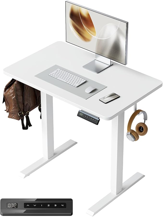 FEZIBO One-Piece Standing Desk Adjustable Height Stand up Home Office Desk 32x20 Inch Electric Standing Computer Desk with 4 Memory Presets Headphone Hook White