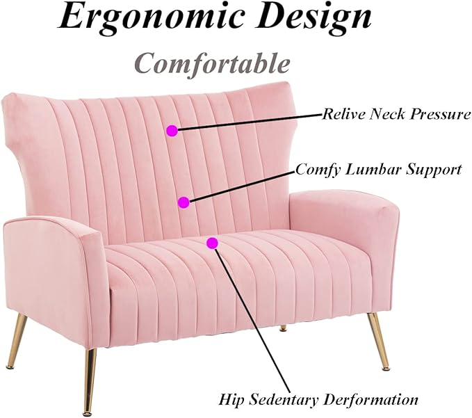 Velvet Couch Modern Wingback Loveseat Tufted Luxury Sofa with Gold Legs for Living Room/Bedroom Light Pink