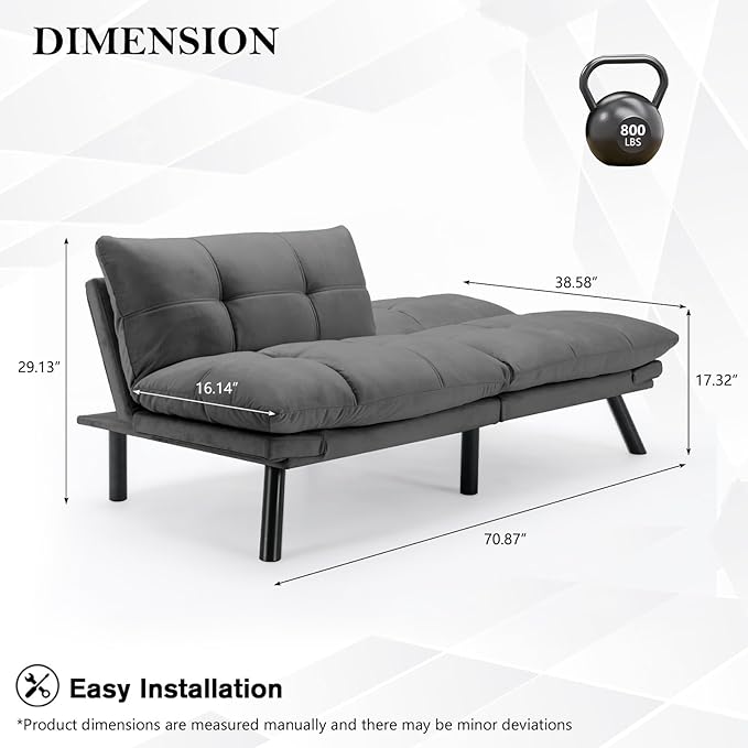 KINFFICT Convertible Futon Sofa Couch Bed Modern Memory Foam Sleeper Loveseat Sofa with Adjustable Armrests &amp Backrests Comfy Love Seat for Living Room Bedroom Office Apartment Small Space