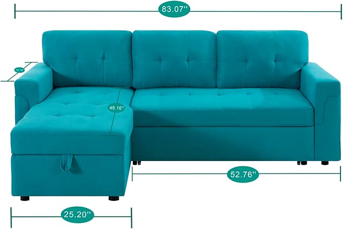 Naomi Home Teal Velvet Sectional Sleeper Sofa with Storage Reversible L-Shaped Pull-Out Couch 72x32x32 inches Jenny
