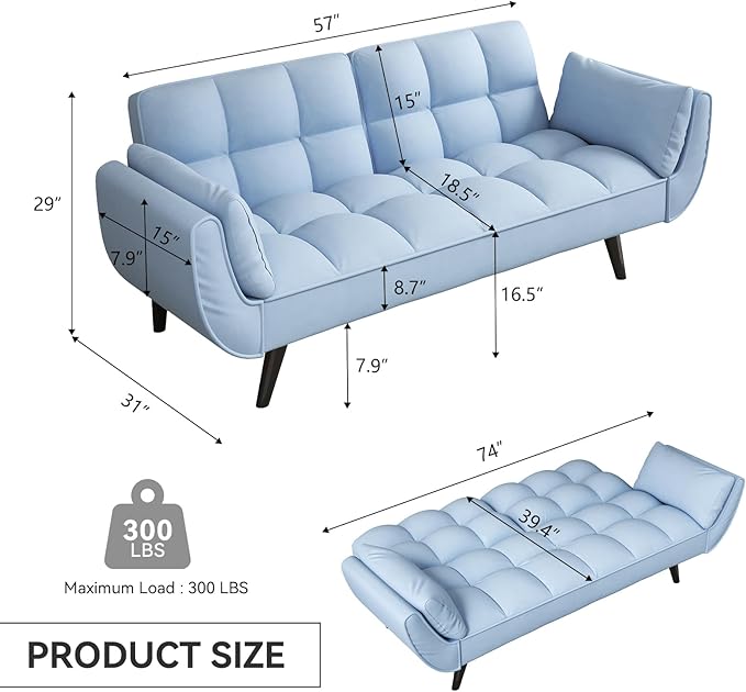 KINFFICT 57 inch Blue Futon Sofa Couch Bed Comfy Velvet Upholstered Loveseat Convertible Sleeper Sofa cama with Adjustable Backrest Mid Century Modern Sofas for Living Room Bedroom Small Space