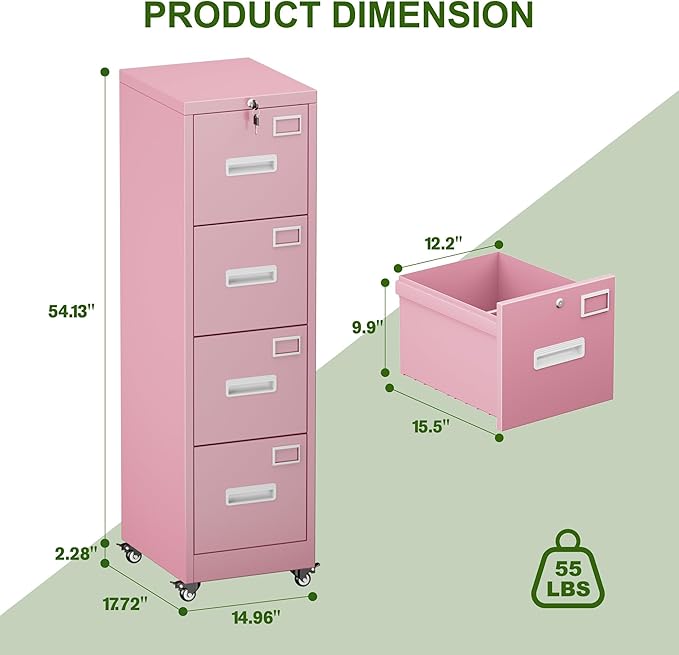 Aobabo 4 Drawer File Cabinet with Wheels Lockable Office Metal Filing Cabinet with Name Card for Office and HomeAssembly RequiredPink
