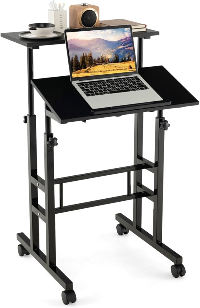 Standing Desk Height Adjustable Sit-Stand Desk with Tiltable Desk Top Rolling Laptop Stand &amp Workstation Mobile Stand up Computer Desk on Wheels for Small Spaces Home &amp Office (Black)