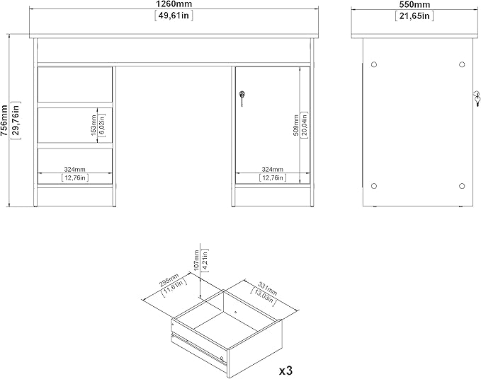 Tvilum Function Plus Computer Desk with Storage Cabinet 3 Handle-Free Drawers Two-Tone White and Oak Color Finish
