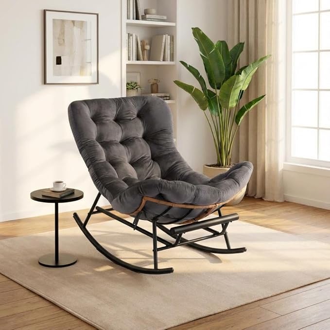 GAOMON Papasan Rocking Chair with Foot Rest and Thick Waterproof Cushion Ergonomic Papasan Chair with Metal Frame &amp PE Rattan Lounge Chairs for Patio Garden Lawn Living Room and Relaxation Spac