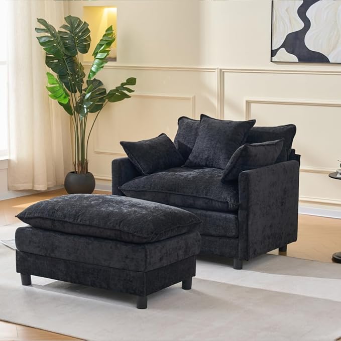 39.4 Modern Accent Chair with Ottoman Living Room Club Chair Chenille Upholstered Armchair Reading Chair for Bedroom (Black + Fabric + Plastic + Steel + Wood + 1 Seat + Foam)