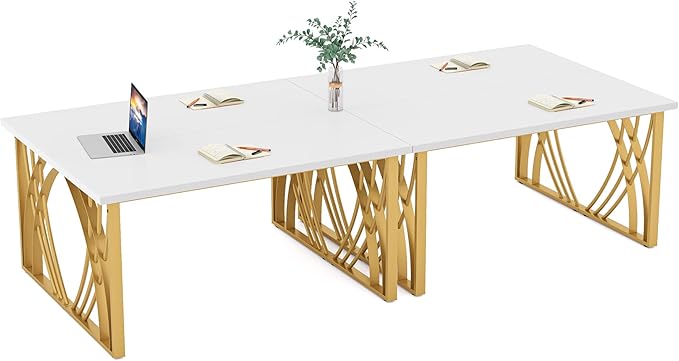 Tribesigns 55’’ Large Modern Computer Desk Set of 2 White &amp Gold Luxury Laptop PC Student Table Makeup Vanity Table with Thick Frame &amp Strong Legs Sturdy Writing Workstation 2 PCS