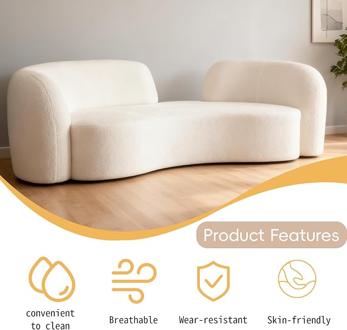 Curved couches for Living Room 2-Seat Luxury Couch 68'' Solid Wood and High-Density Foam Lamb Fleece for Small Space Bedroom Apartment Home Office White
