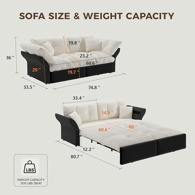 74.8 Queen Pull Out Couch BedVelvet Convertible Pull-Out Sofa Bed with Side Pockets3-in-1 Queen-Size Sleeper SofaSleeper Loveseat for Living RoomApartment Offices (Beige/White)