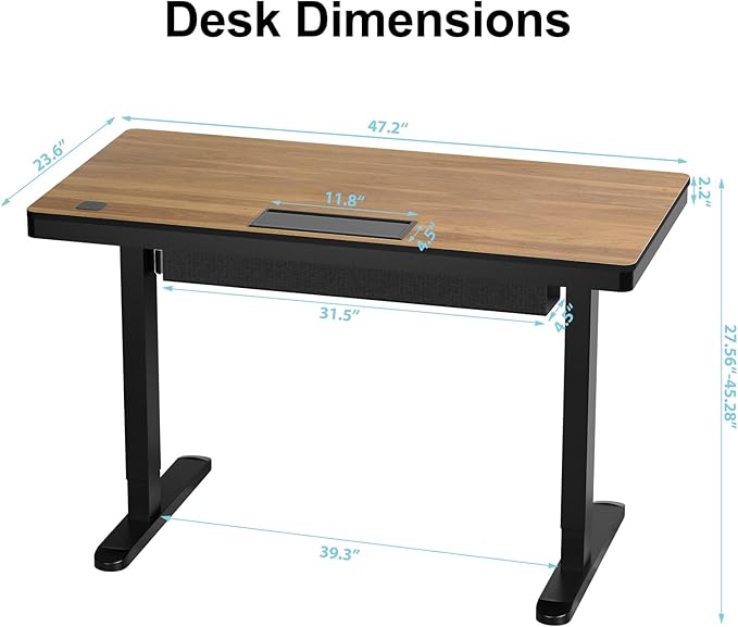 Electric Standing Desk with Drawer and Wireless Charging 48 Inch Sit Stand Desk with USB Charging Station Hidden Cable Management Tray Height Adjustable Computer Desk for Home Office Walnut