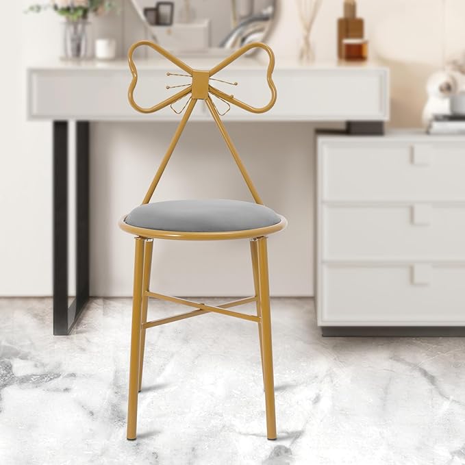 Modern Vanity Chair StoolCute Makeup Chair w/Butterfly BackrestGirl's Stool Ottoman BenchMetal Bench Legs Gold Dining ChairBow Knot Design Seat for Bedroom Living Room (Grey Velvet)
